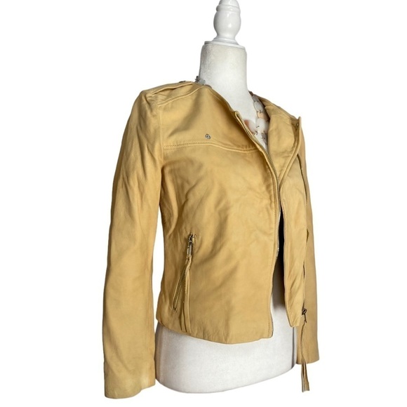 Mango Sheep Leather Buttercup Yellow Moto Jacket - Picture 6 of 9